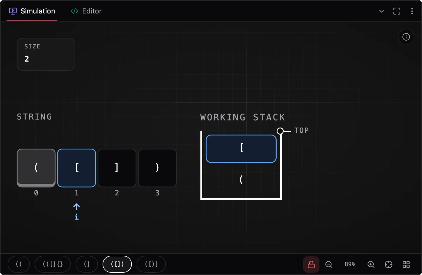 A step-by-step animation of a solution, showing a string and a stack side by side