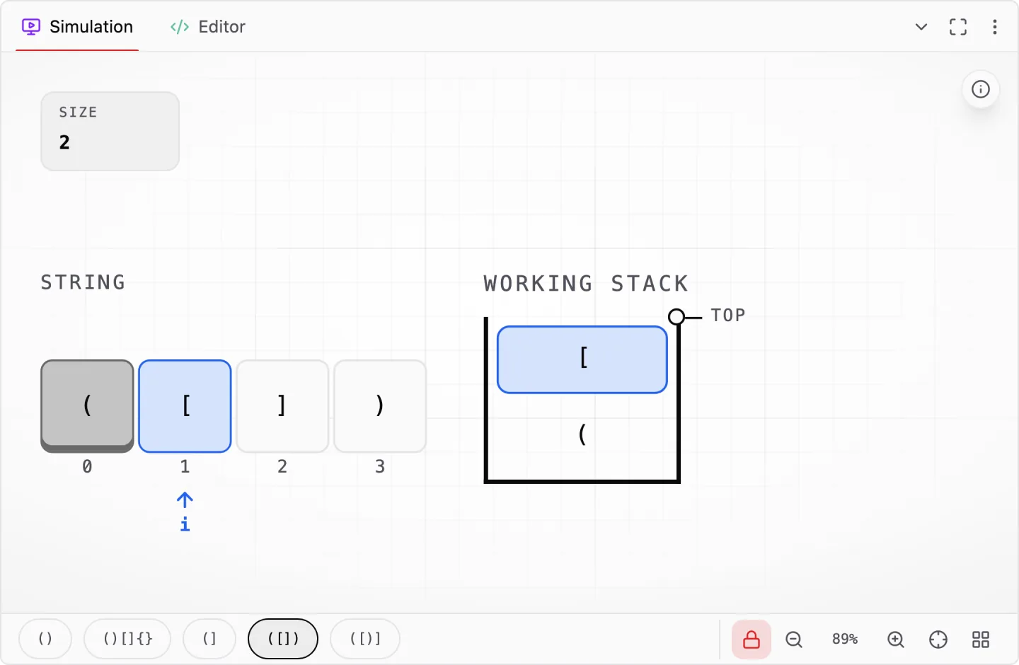 A step-by-step animation of a solution, showing a string and a stack side by side