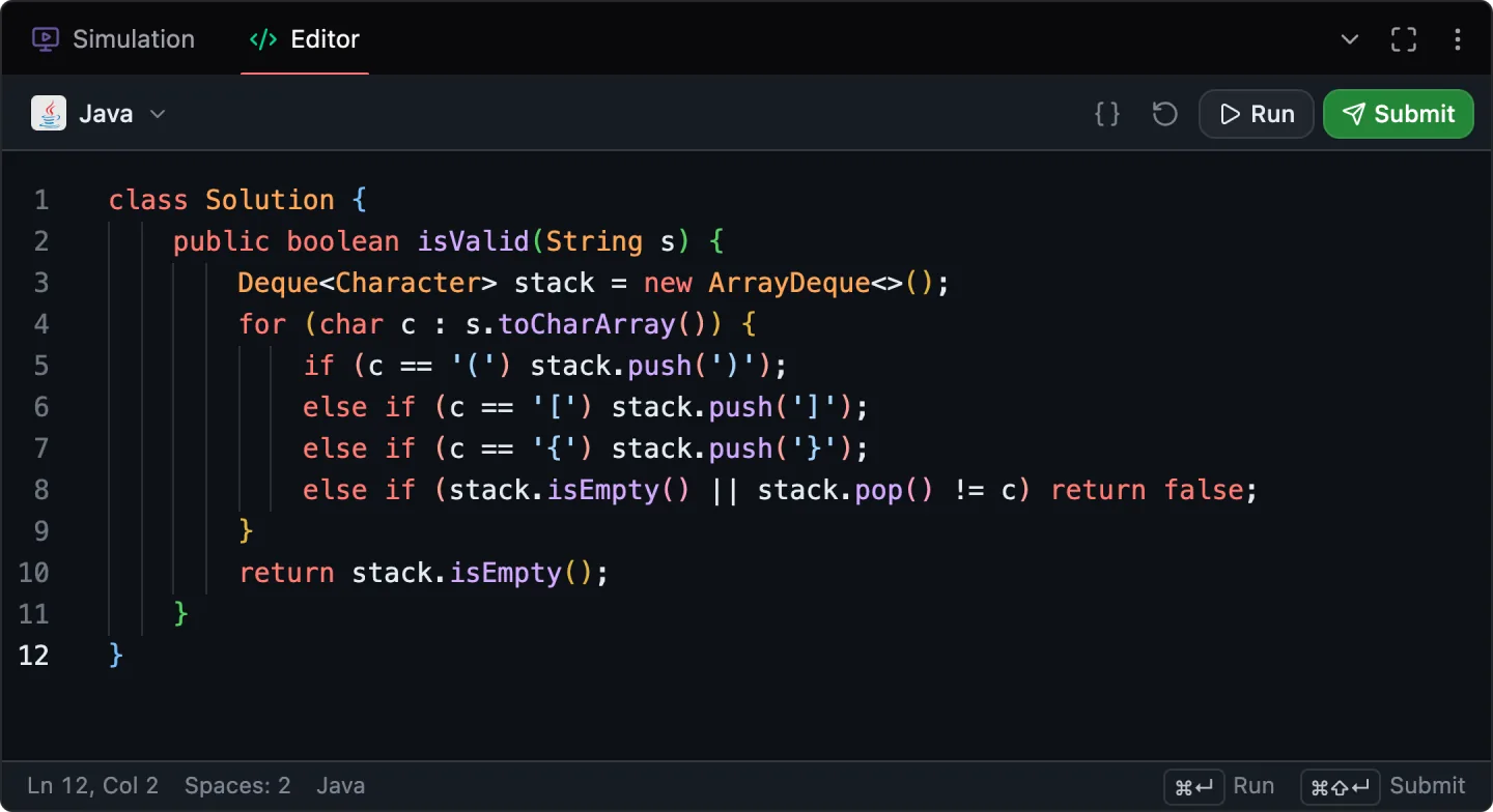 The Java solution in the editor with Run and Submit