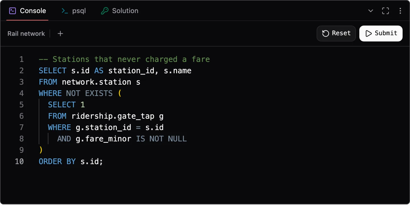 A NOT EXISTS query in the SQL console