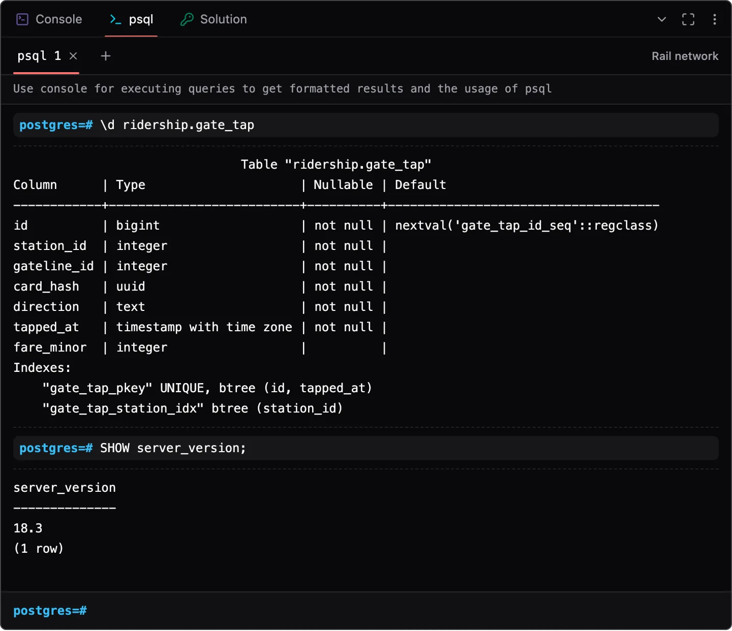 A psql session describing the gate_tap table